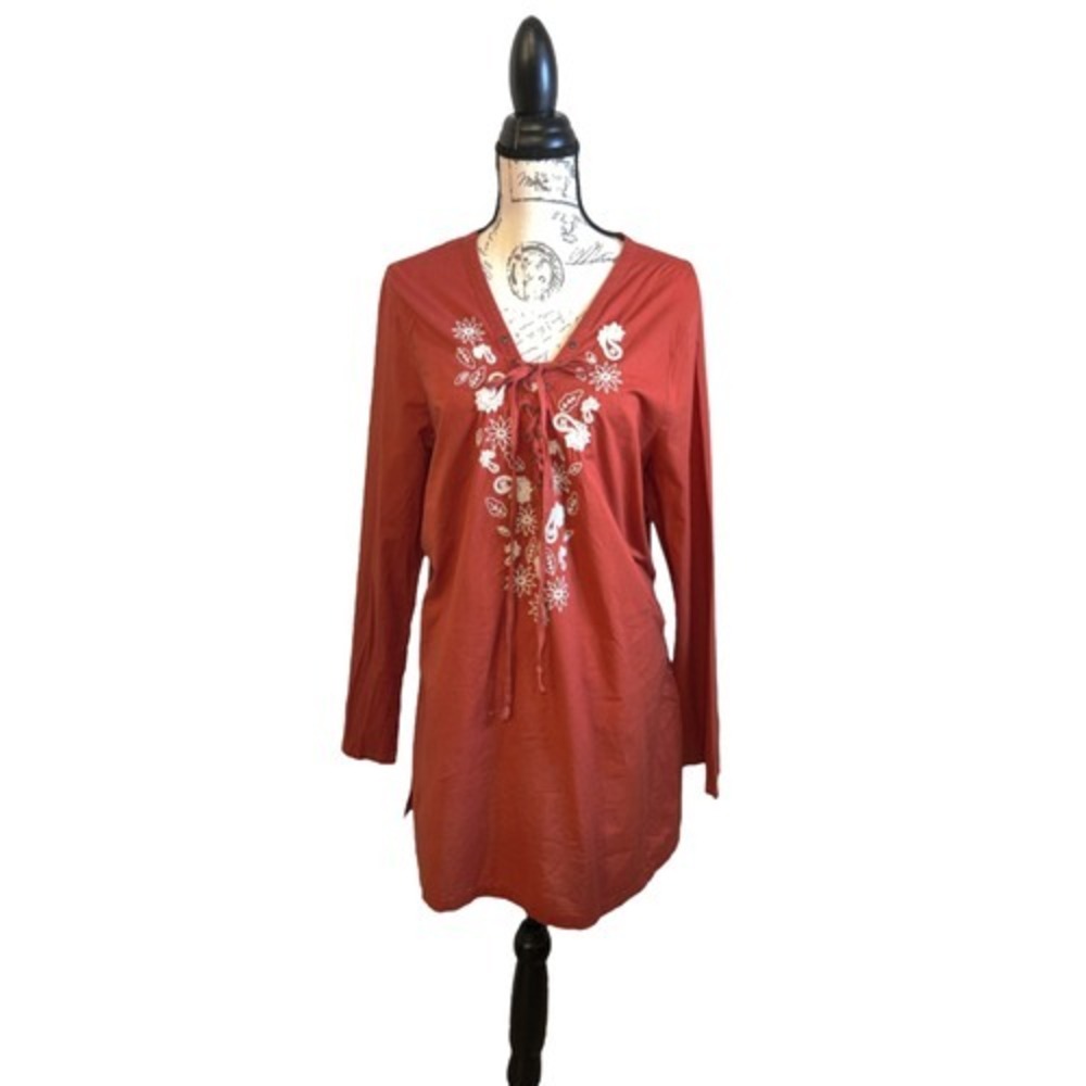 Vintage Old Navy Orange Tunic Blouse Long Sleeve V-Neck Lace Up Embroidered 2XL